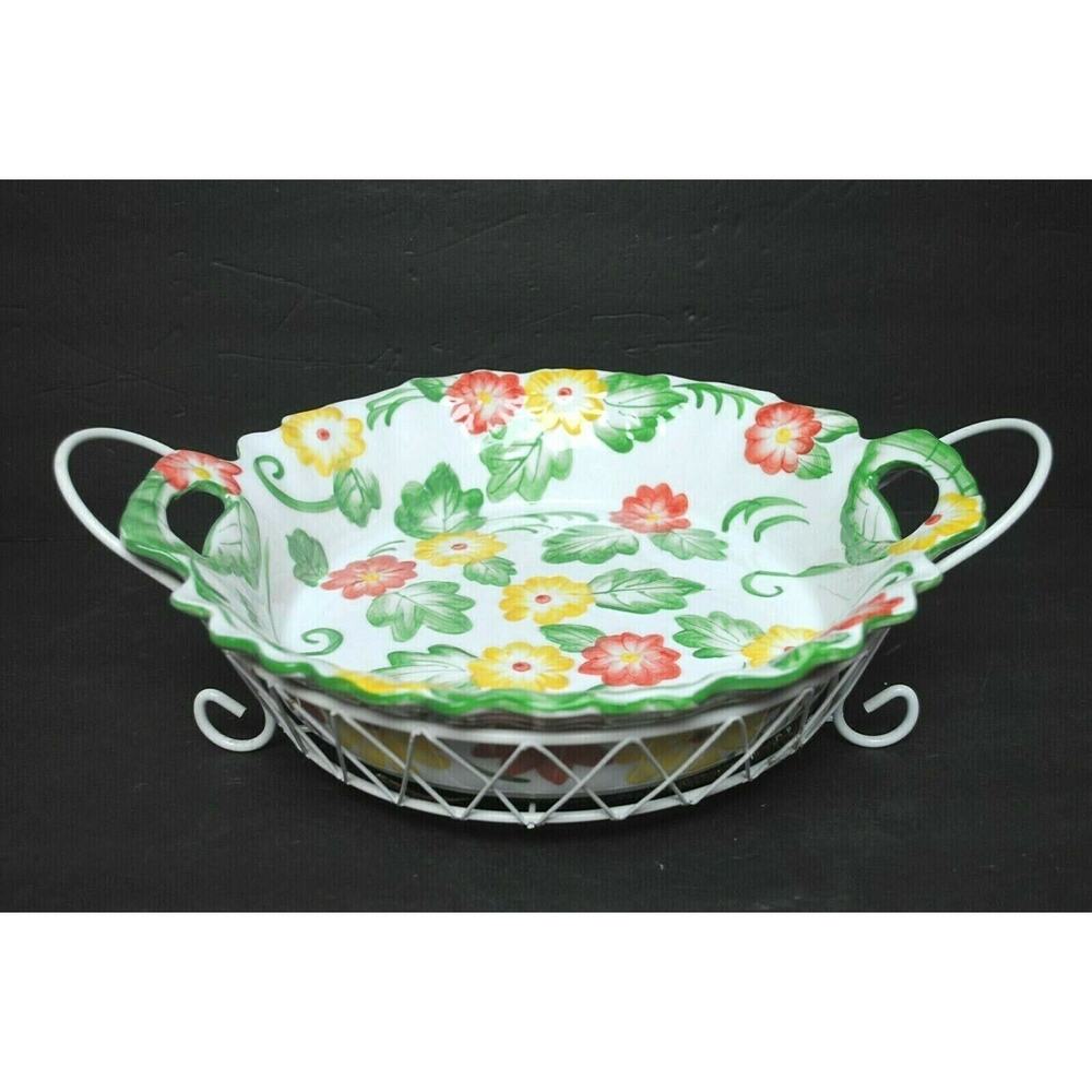 Temp-tations By Tara Casserole Dish w/ Stand Floral Embroidery Pat Round 13.5"